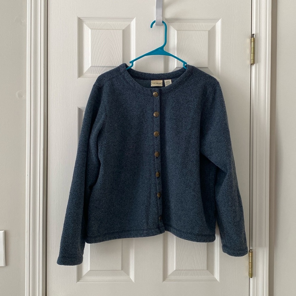 New L.L. Bean Buttoned front Blue Black Mix Fleece Lined Cardigan Sweater L
